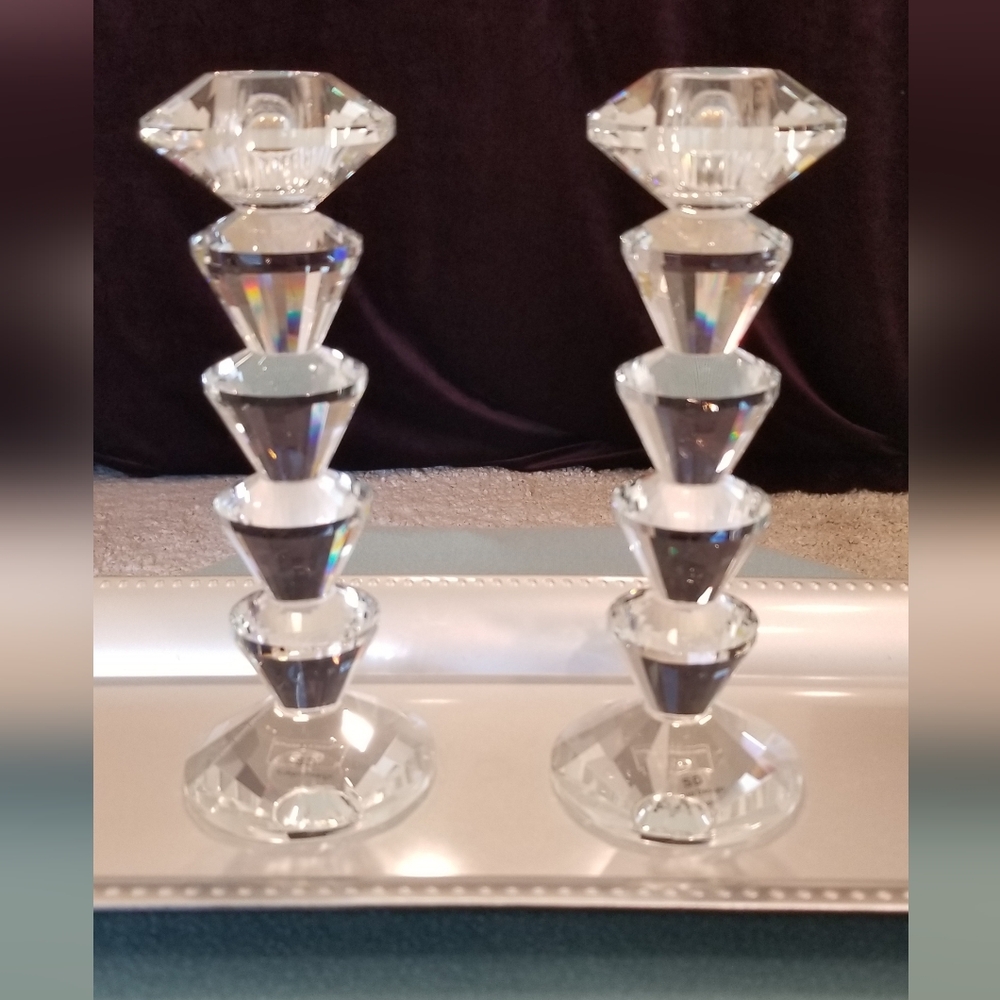 Crystal Faceted Glass Candle Holders - Clear - Picture 3 of 3